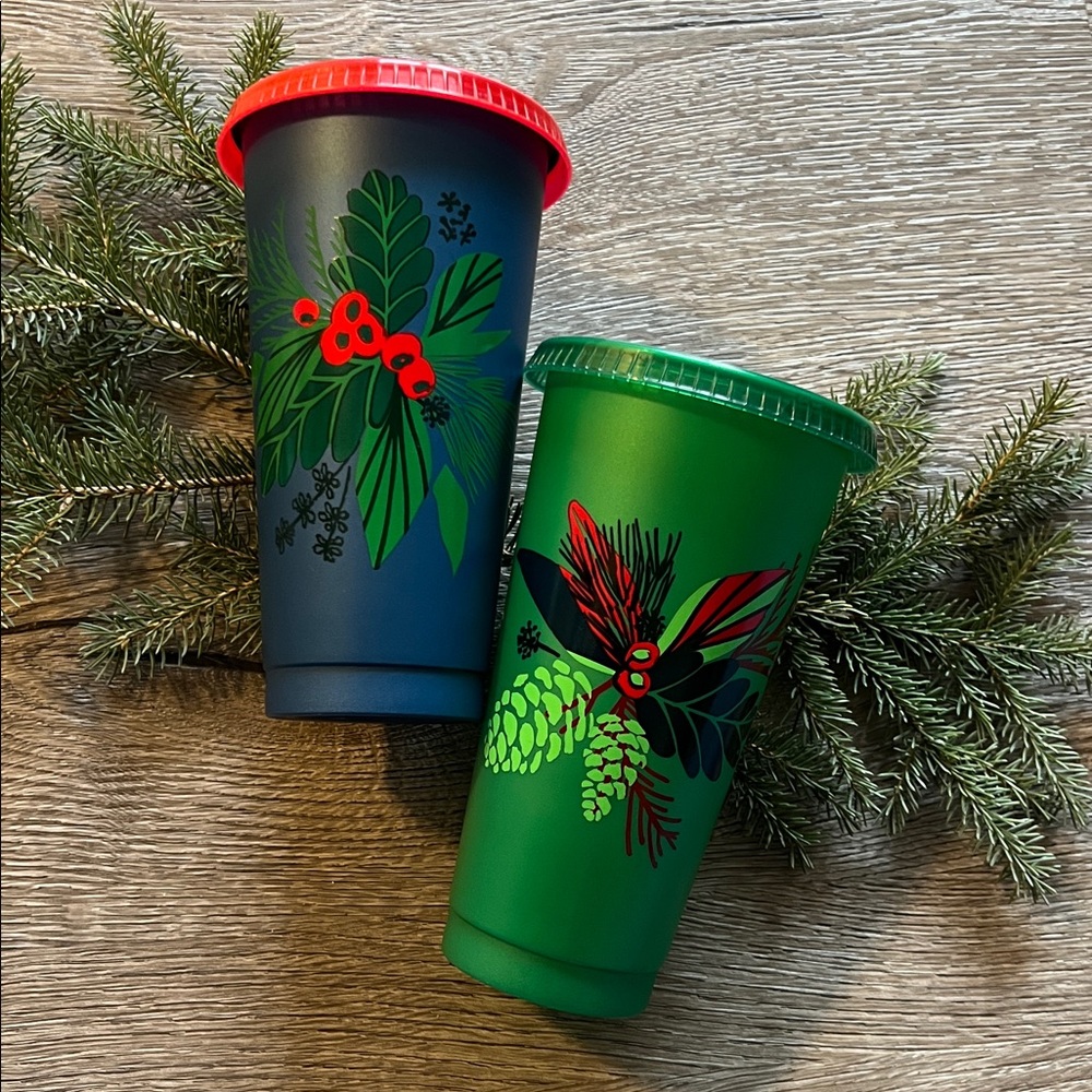 STARBUCKS 2020 reusable Holiday Christmas tumblers LOT of 2, 24oz  Iridescent